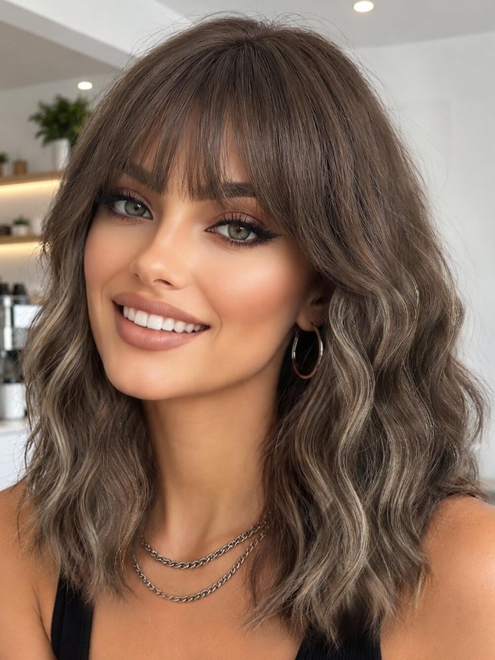 Women's Beige Soft wavy Short Shoulder Curly with Bangs 16 Inch Synthetic Wig